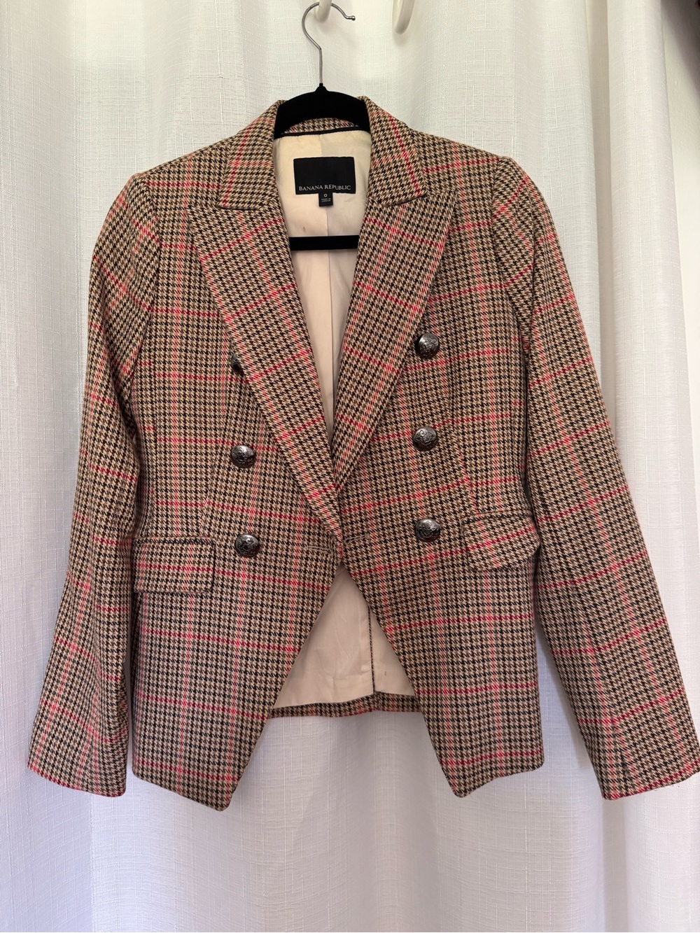 Banana Republic Beige and Pink Plaid Double-Breasted Blazer